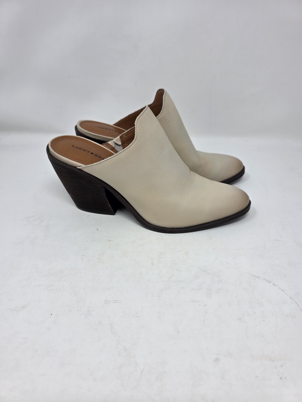 Lucky Brand Cream Leather Chunky Stacked Heel Mules Booties Size 8.5 M